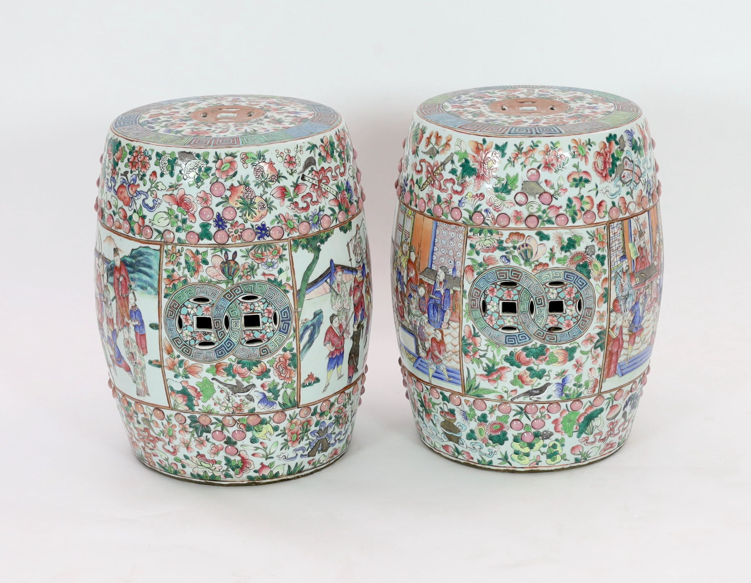 A pair of Chinese famille rose barrel garden seats, late 19th century 48 cm high